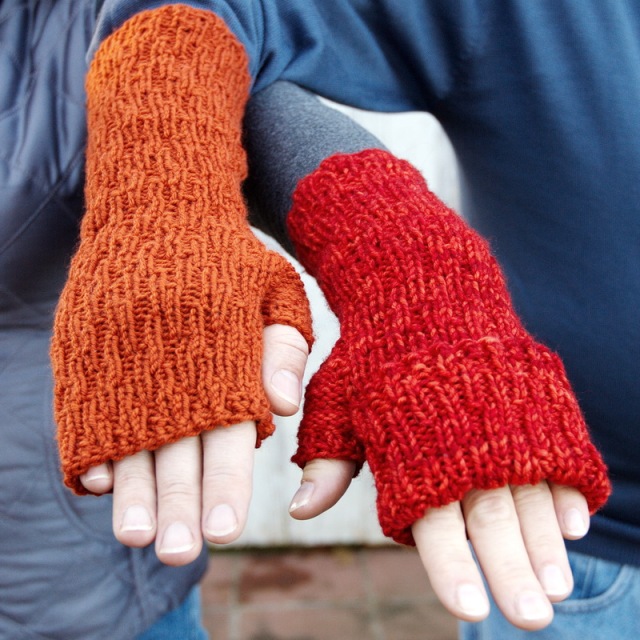 Easily customizable hand knitted fingerless mitts from Barbara Benson Designs