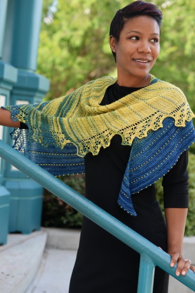 BitterBlue - a lace shawl in gradient yarn with gradient beads, by Barbara Benson.