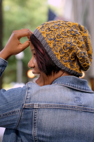 Cables are Cool: a two color, slouchy cable hat with slipped stitch color work by Barbara Benson