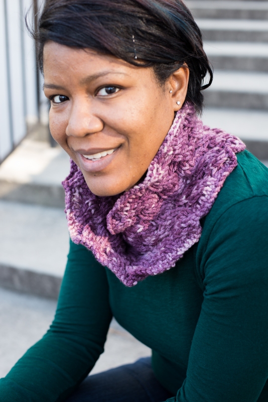 A reversible cabled cowl worked in Moebius by Barbara Benson in Dream in Color aran weight yarn.