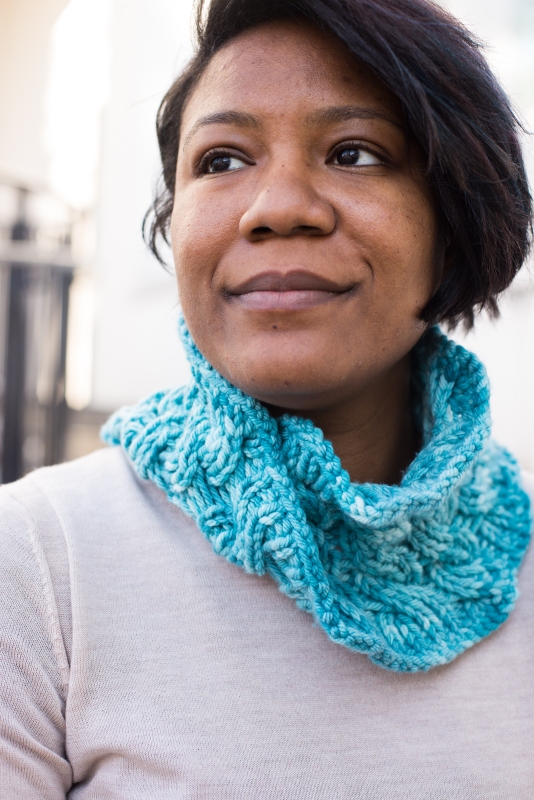 Reversible cable Moebius cowl by Barbara Benson, three yarn weights in Dream in Color.
